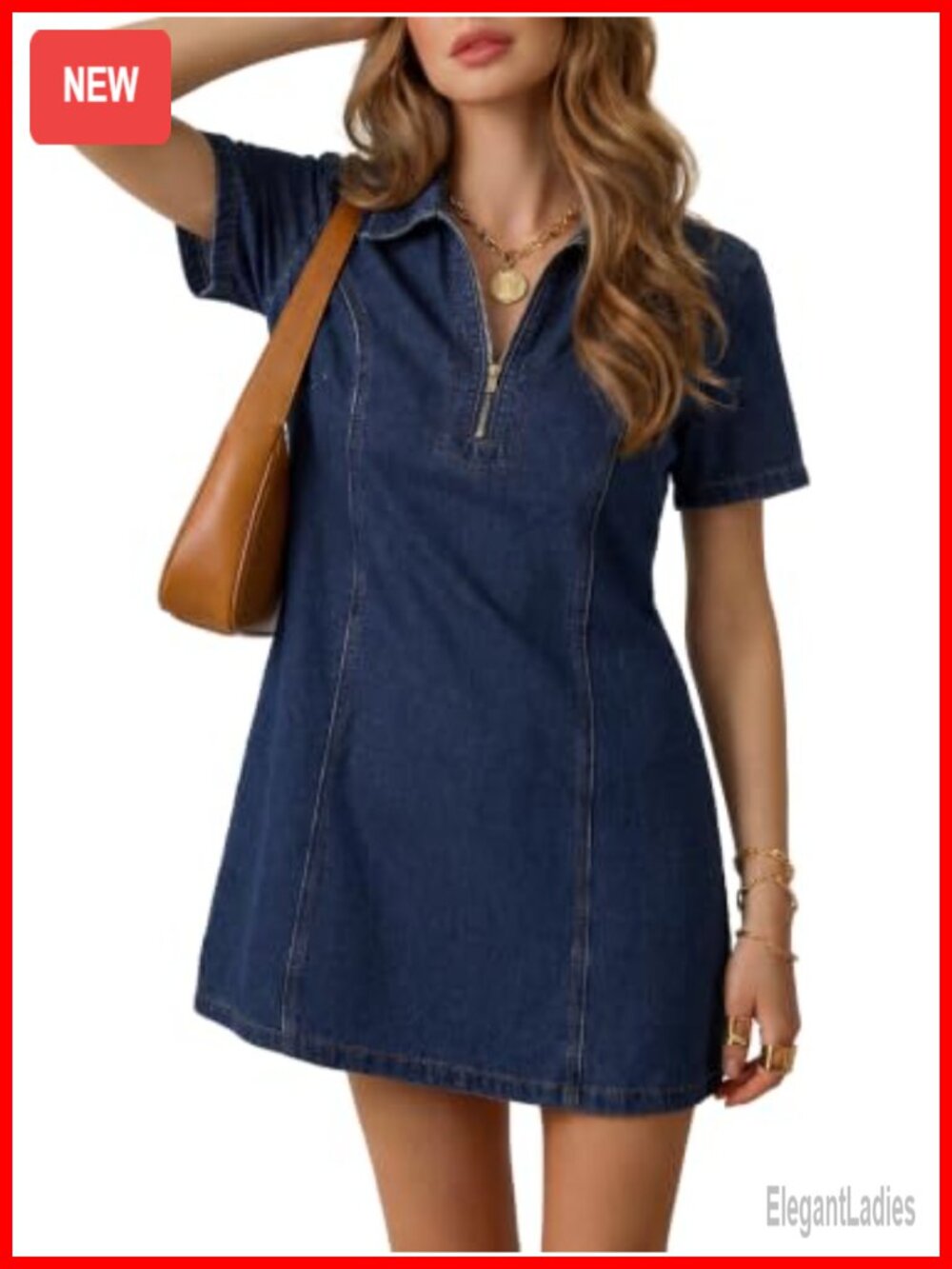 Women's Short Sleeve Denim Mini Dress Quarter Zip A-Line Casual